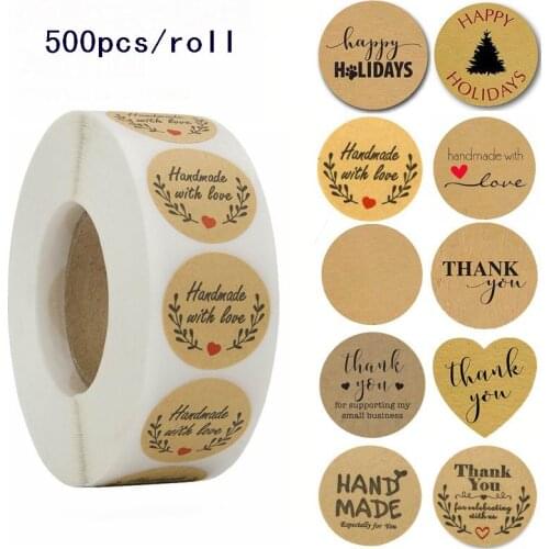 50Roll 500 Labels per roll Round Natural Kraft Thank You Sticker seal labes Hand Made With Love Sticker Paper Stationery sticker