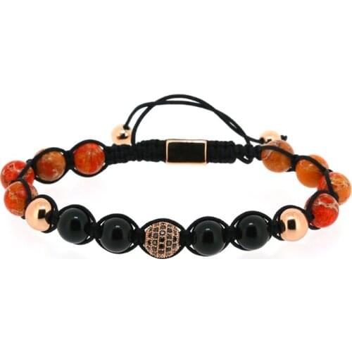 8mm Black Onyx Insert Red Pattern Stone Beads Rose Gold Color Round Black CZ Zircon Charm Adjustable Macrame Bracelet For Man
