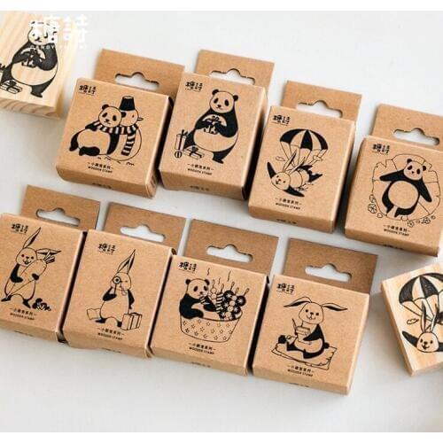 8 Pcs Cute Panda and Rabbit Animal Series Wooden Rubber Seal Stamps for Scrapbooking Diary DIY Photo Album Cards Standard Stamp