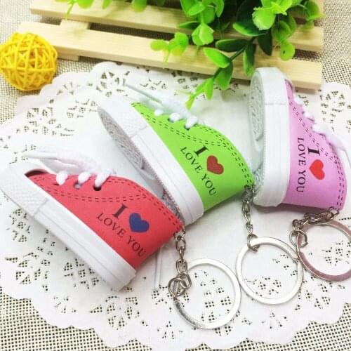 FREE SHIPPING BY DHL 100pcs/lot Novelty Plastic I Love You Sneaker Keychains Mini 3D Shoe Shaped Keyrings Gifts