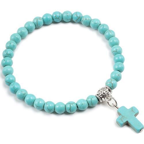 Couples Distance White Black Beaded Bracelet Classic Natural Stone Turquoises Beads Elasticity Bracelets Men Women Cross Jewelry