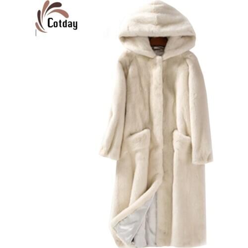 Cotday Faux Fur Turn-down Collar Long With Hooded Fur Plus Size Korea High-end 2020 Sale Winter Warm Women Fur Outerwear Coat