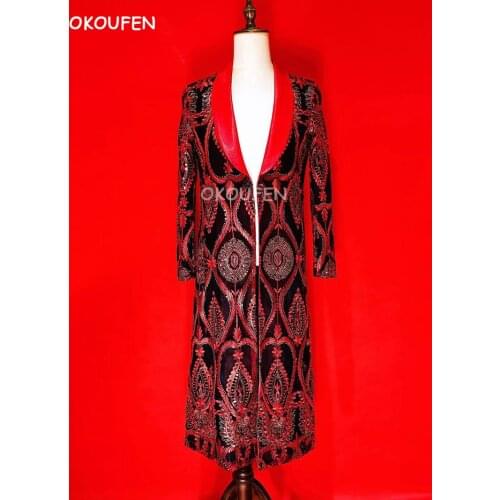 Fashion New Red Totem Embroidery Long Coat Costumes Nightclub bar male singer DJ Party show stage performance jacket