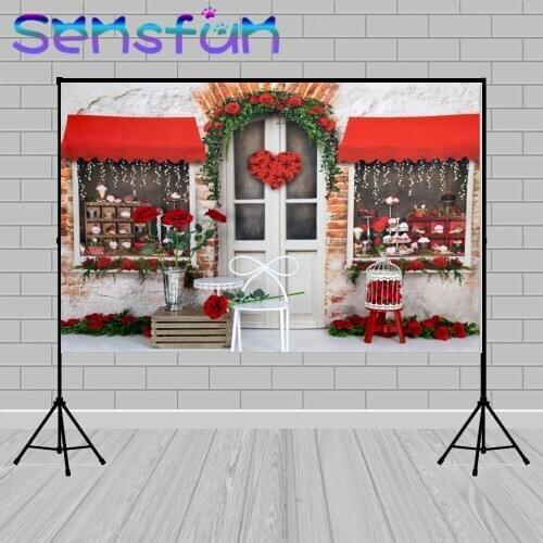 Red Rose Flowers Photography Backdrops Bakery Shop Arch Door Valentine Day Romantic Custom Photo Studio Backdrop