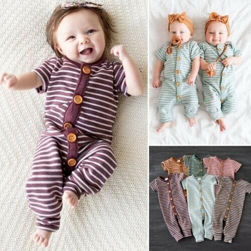 Newborn Kid Baby Girl Boy Clothes Striped Romper Short Sleeve Jumpsuit Cotton Outfits Single Breasted Set