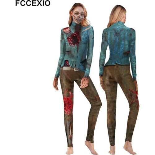FCCEXIO Zombies 3D Print Sexy Bodysuits Women Plus Size Long Sleeve Cosplay New Party Tight Thriller Sox jumpsuits