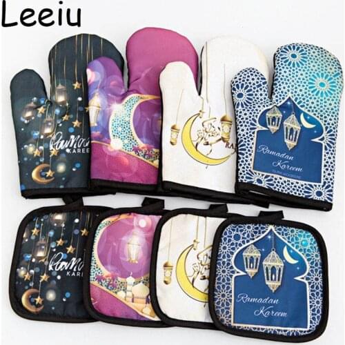 Leeiu Eid Mubarak Baking Anti-Hot Gloves Pad Oven Dining Kitchen Mat Muslim Eid Ramadan Kareem Party Decoration For Home 2021