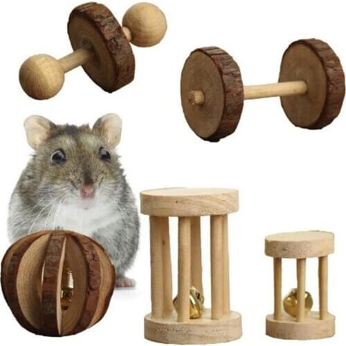 Cute Natural Wooden Rabbits Toys Pine Dumbells Unicycle Bell Roller Chew Toys For Guinea Pigs Rat Small Pet Molars Supplies