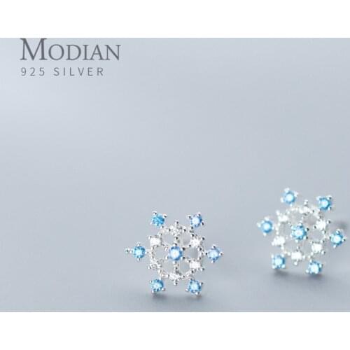 MODIAN Fashion Blue Crystal Cute Snowflake Stud Earring for Women Gift 925 Sterling Silver 3 Color Ear Pin Fine Jewelry 2020 New