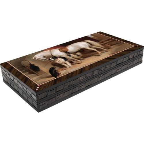 Artwork White Horse Wooden Big Size Backgammon Game Set Outer Edge Leather XXL