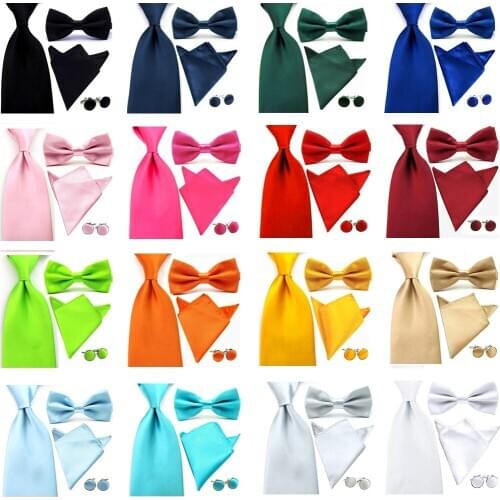 Men Solid Plain Satin Wide Neckties Pocket Square Bowtie Cuff Link Ties Set Lot BWSET0509