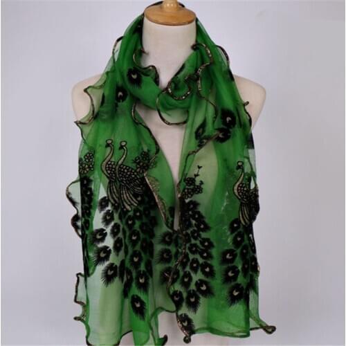 New Design Women Chiffon Peacock Feather Flower Embroidered Lace Stylish Scarf Long Soft Wrap Shawl Ladies Scarf