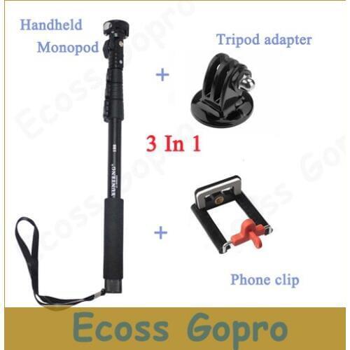 Top Quality Portable Handheld Telescopic Monopod Tripod For Go pro/SJ4000/SJ5000,Cell Phone With Holder and gopro tripod adapter