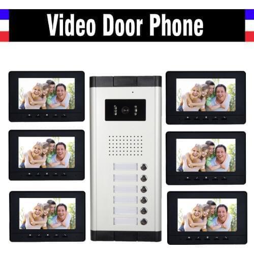 6 Units Apartment Video Intercom System 7 Inch Monitor Video Door Phone Intercom System Wired Home Video Doorbell kit