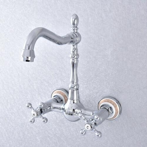 Polished Chrome Brass Wall Mounted Double Cross Handles Bathroom Kitchen Sink Faucet Mixer Tap Swivel Spout Lsf767