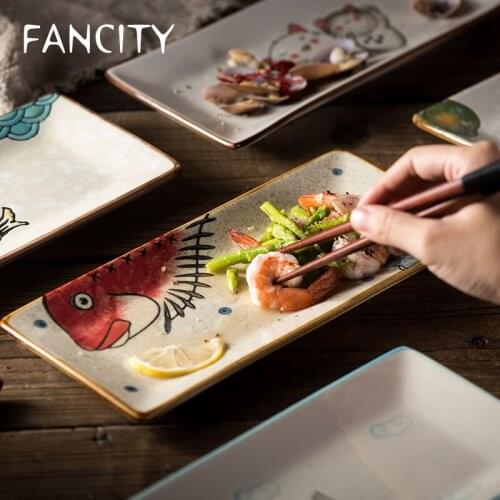 FANCITY Sushi plate, rectangular long plate, household ceramic flat plate, square plate, underglaze tableware dish