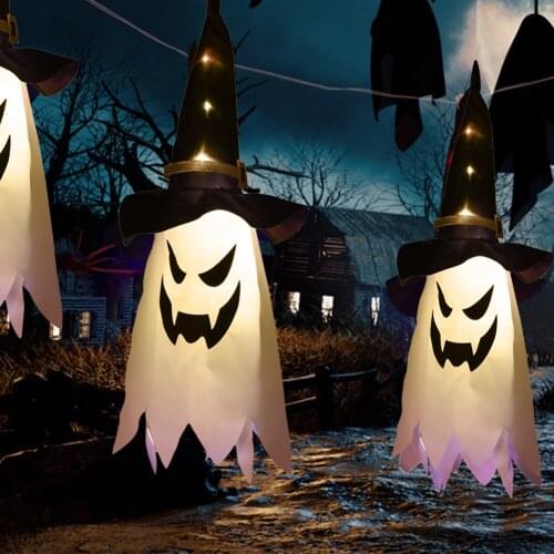 Halloween Decoration LED Flashing Light Gypsophila Ghost Festival Dress Up Glowing Wizard Ghost Hat Lamp Decor Hanging Lantern