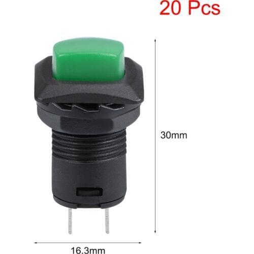 UXCELL 20pcs 12mm Latching Type 2 Terminals Mini Push Button Switch Green Button Switch Accessories Electrical Equipment SPST NO