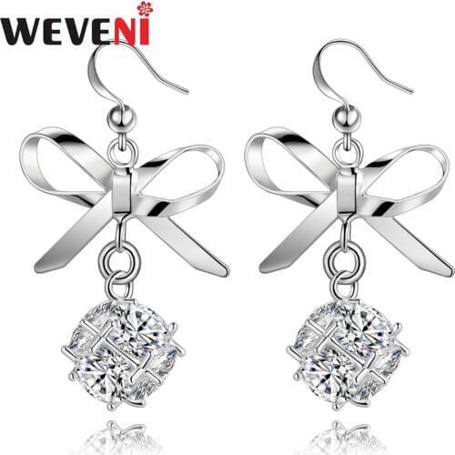 WEVENI Silverstone Big Bowknot Cubic Zircon Hook Earrings Dangle Drop Zirconia Charms Fashion Jewelry For Women Girls Accessory