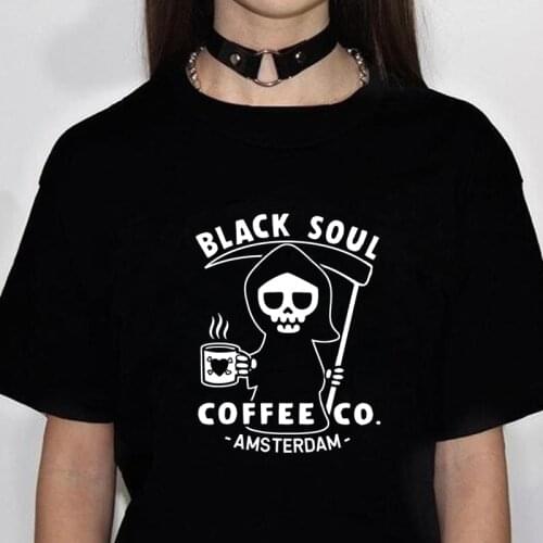 Black Soul Coffee Co T-shirt Spooky Grim Reaper Goth Tshirt Women Retro Halloween Top Tee Shirt