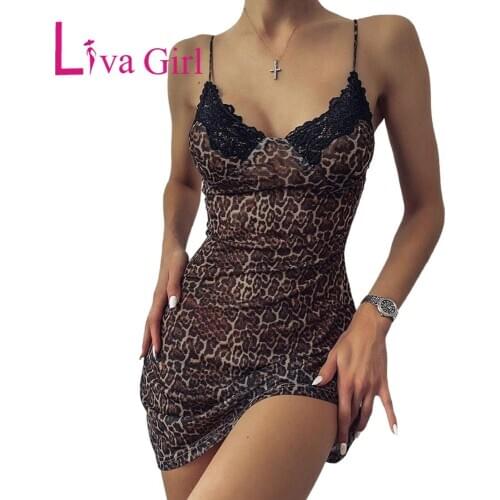 LIVA GIRL Leopard Print Lace Spaghetti Strap Chemise Womens Sexy V-Neck Dress+Thong Set Female Summer Nightgowns Sleepwear S-L