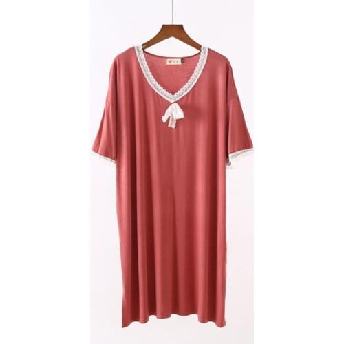 Women Sexy Lace Trim Tie Bow Nightgown Short Sleeve V-Neck Knee-Length Nightdress Modal Sleepshirt Summer Loungewear Home Skirt