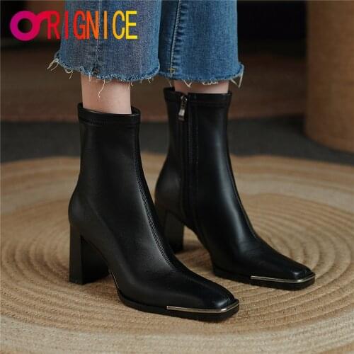Orignice High Quality Leather Ankle Boots Women New Autumn Winter Side Zipper Metal Square Toe Thick Heels Fashion Dress Shoes