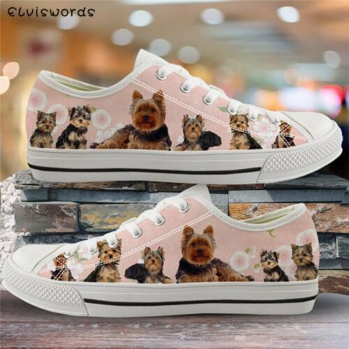 ELVISWORDS Yorkshire Terrier Print Women Low Top Shoes Animal Dogs Paw Canvas Vulcanized Shoes Lace Up Sneakers for Students