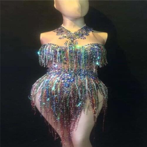 E75 Female colorful sequin bodysuit tassel jumpsuit tight outfits singer performance dress bikini clothe bar pole dance costume