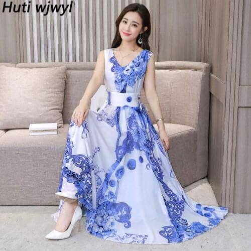 Plus Size Casual Floral Chiffon Beach Sundress 2021 Summer Vintage Midi Dress Women Bodycon Party Sexy Sleeveless Maxi Vestidos