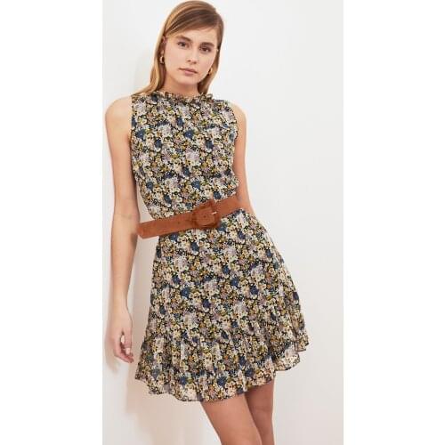 Raw white Patterned Frilly Dress flower print dress women dresses