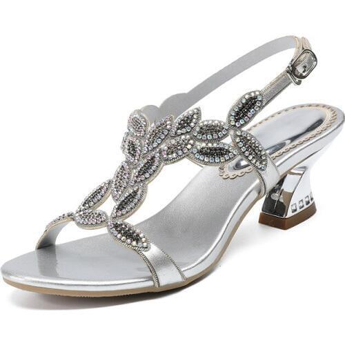 2019 Summer Korean Silver Heel Sandal Buckle Womens Rhinestones Shoes Sandals 6cm