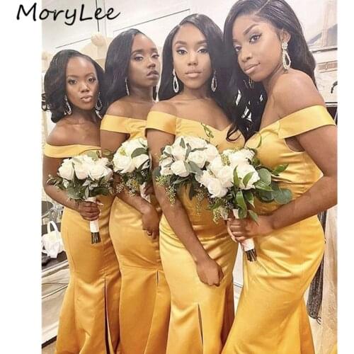 Gold Bridesmaid Dresses Off The Shoulder Floor Length Sweep Train Silk Satin Zipper Back Wedding Party Bridemaid Dresses