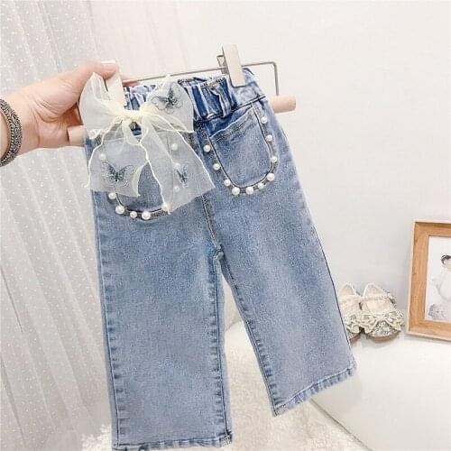 Fashion Girls Kids Princess Jeans Pant Autumn Bow Beaded Children Baby Denim Wide Leg Pants Trousers S12961
