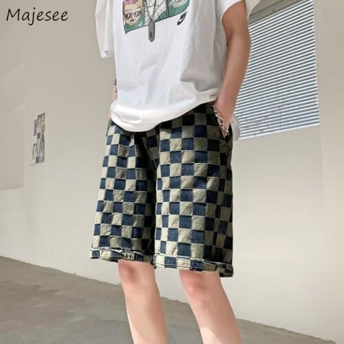 Jeans Men Plaid Loose Denim Summer Ins All-match Chic Korean Handsome Loose Design Streetwear Distressed Shorts Plus Size 3XL