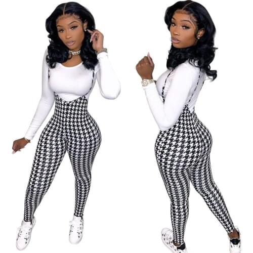 Womens 2 Pcs Long Sleeve T-shirt Printed Strap Plaid Pencil Pants Female Clothing Suits Streetwear Suspender Trousers Outfits