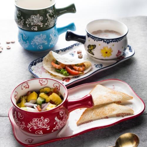 Creative Japanese-style ceramic bowl and plate tableware set breakfast bread dessert plate home one person oatmeal bowlware