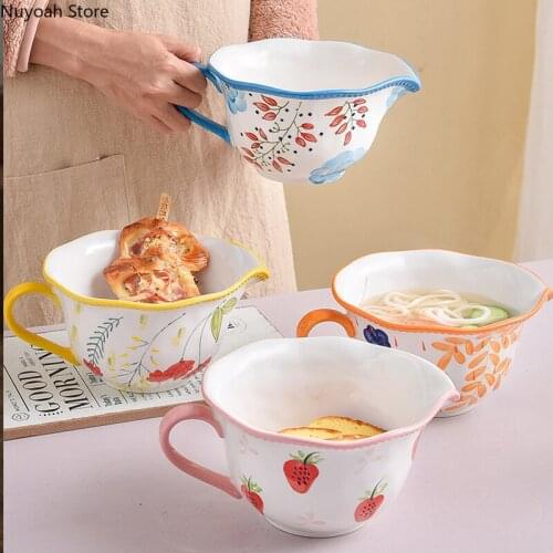 Cute Ceramic Mixing Bowl Household Egg Bowl 970ml with Handle Baking Bowl Wavy Edge European-style Simple Kitchen Supplies