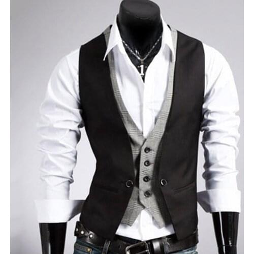 Men Fake Two-pieces V Neck Waistcoat Solid Color Sleeveless Button Pocket Slim Fits Jacket For Business