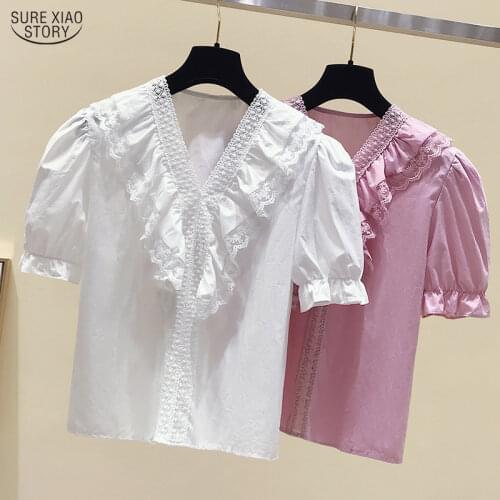 Solid Women Tops and Blouse Korean Fashion Clothing 2021 Summer Puff Sleeve Shirts Casul V-neck Patchwork Tops Blusas 9714