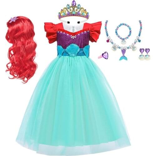 The Little Mermaid Princess Ariel Dress Cosplay Costume for Girl Fancy Green Dress Birthday Purim Party Dresses Girls Clothes