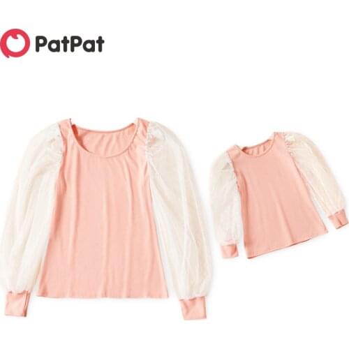 PatPat Net Yarn Puff Sleeve Light Pink Long Sleeve Tops for Mommy and Me