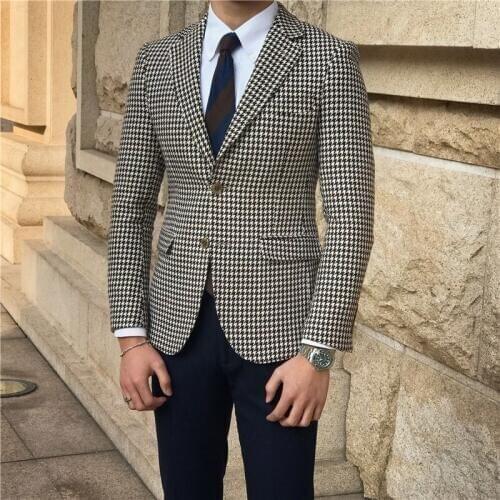 Houndstooth Jacket Navy Blue Pants Custom Made Mens Checkered Suit Prom Dresses Tailored Wedding Men Suits 2 Piece Business Suit