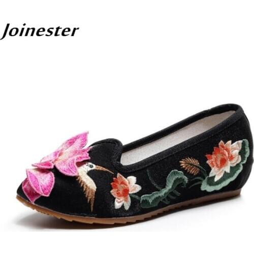 Spring Women Applique Vintage Wedge Pumps Ladies Flower Pointed Toe Loafers Female Slip-on Dress Shoes Leisure Canvas Moccasins