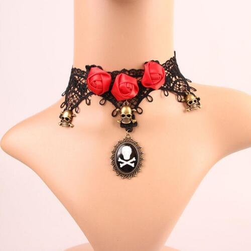 Vintage Gothic Style Red Roses and Skull Pendant Fashion Lace Choker Necklace Accessory