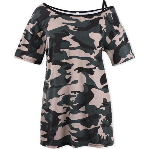 Summer Camouflage Streetwear Women Tshirt One-shoulder Strap Loose Fashion Female Tops Short Sleeve O-neck Clothes