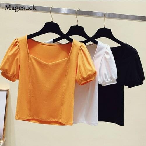 Women 2021 Summer Short Sleeve T-shirt Solid V-neck Square Collar White T-Shirt for Women Casual Office Lady T-shirt Blusa 16071