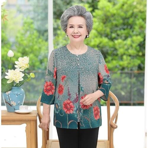 Fake Two Pieces Women Chiffon Shirt Middle Age Mother Clothing 3/4 Sleeve Tops Summer Pullovers Plus Size Women Blouse 5XL