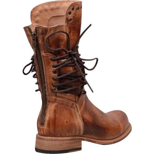 Women Middle Calf Boots Retro Motorcycle Booties Office Party Casual PU Low Heel Shoes Best Sale-WT