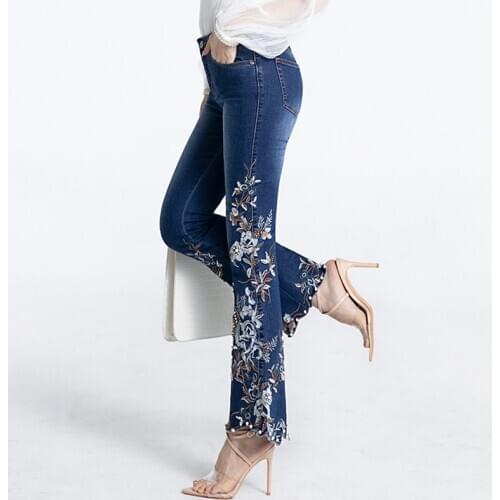 FERZIGE Brand Luxury Slim Fit Pants Beading Embroidery Flare Pants Women Skinny Stretch Jeans Ladies Casual Trousers Plus Size